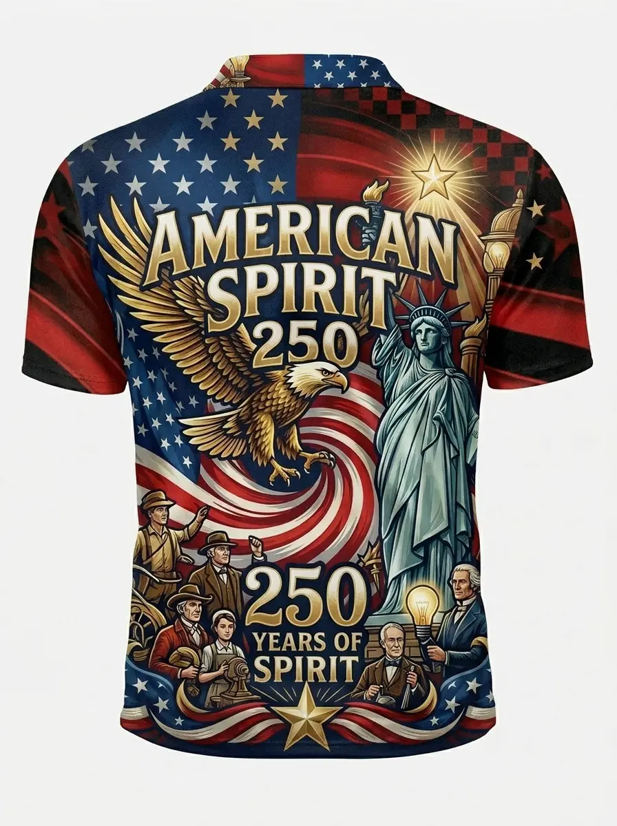 Moisture Wicking Golf Polo 3D American Spirit 250 Eagle Statue of Liberty Button Short Sleeve Golf Polo Shirt
