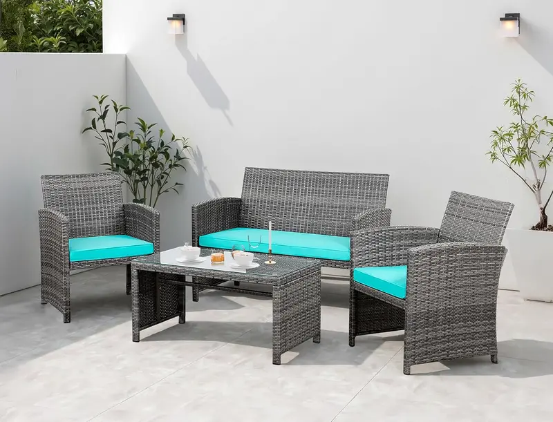 Shintenchi Outdoor Rattan Conversation Set – 4-Piece Wicker Patio Furniture with Cushioned Seating