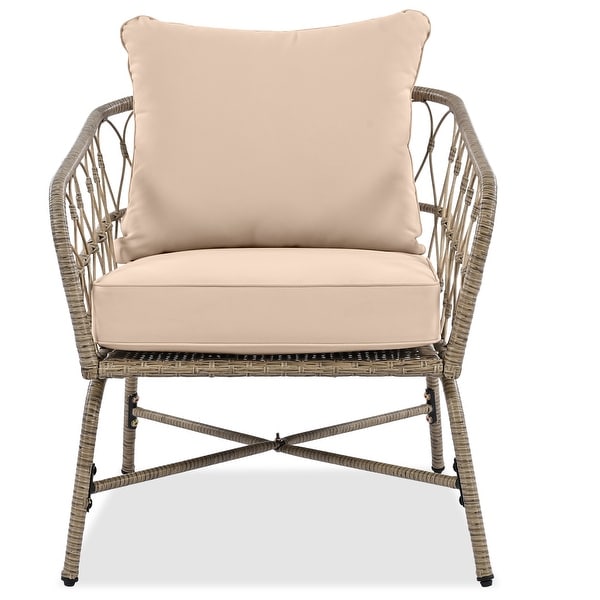 4Piece Wicker Patio Conversation Set with Beige Cushions,With Wood Tabletop