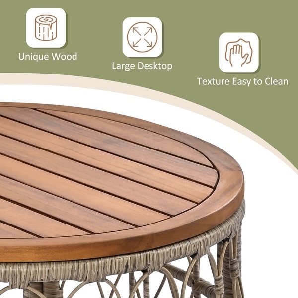 4Piece Wicker Patio Conversation Set with Beige Cushions,With Wood Tabletop