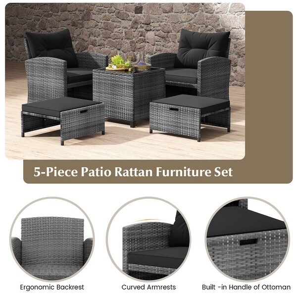 Costway 5 Piece Patio Rattan Furniture with 2 Ottomans and Tempered