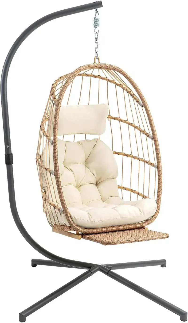 Yechen Wicker Hanging Egg Chair – Dual-Purpose Indoor/Outdoor Swing with Sturdy Stand and Rope Suspension