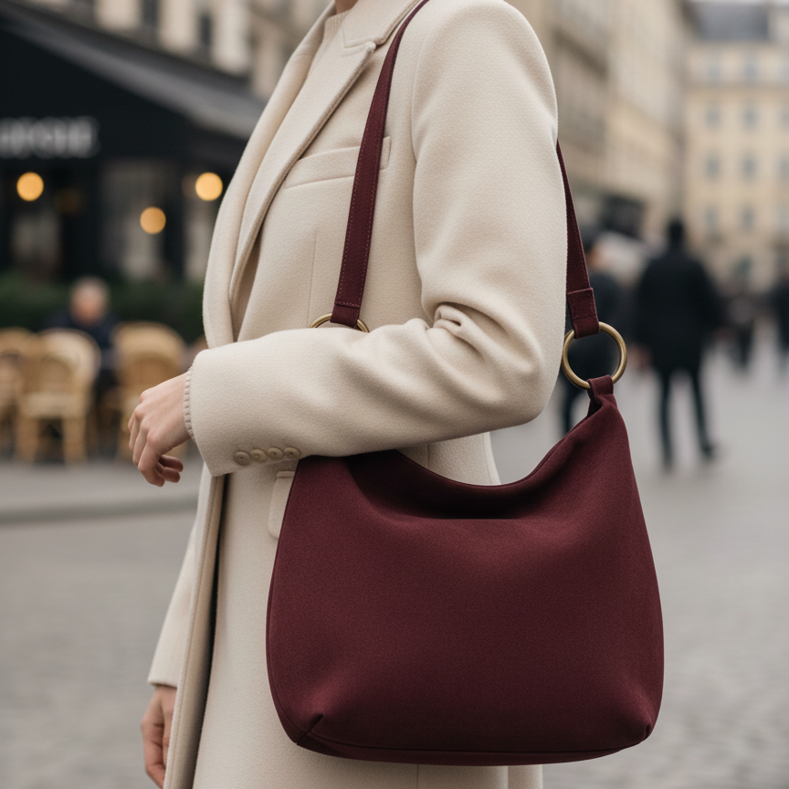 Burgundy Suede Hobo Bag with Brass Ring Hardware