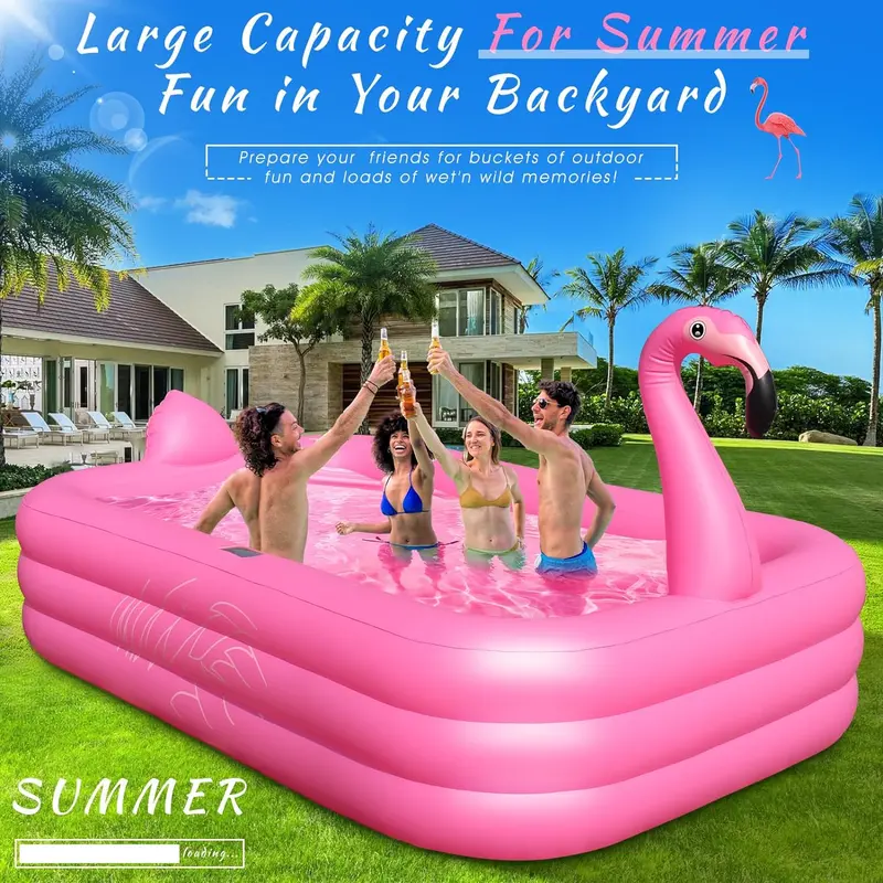 Solar-Powered Flamingo Inflatable Pool – 105″ x 65″ x 25″ LED-Lit, Thickened Kiddie & Adult Backyard Splash Pool