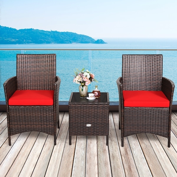 Costway 3PCS Patio Rattan Furniture Set Cushioned Sofa Glass Tabletop