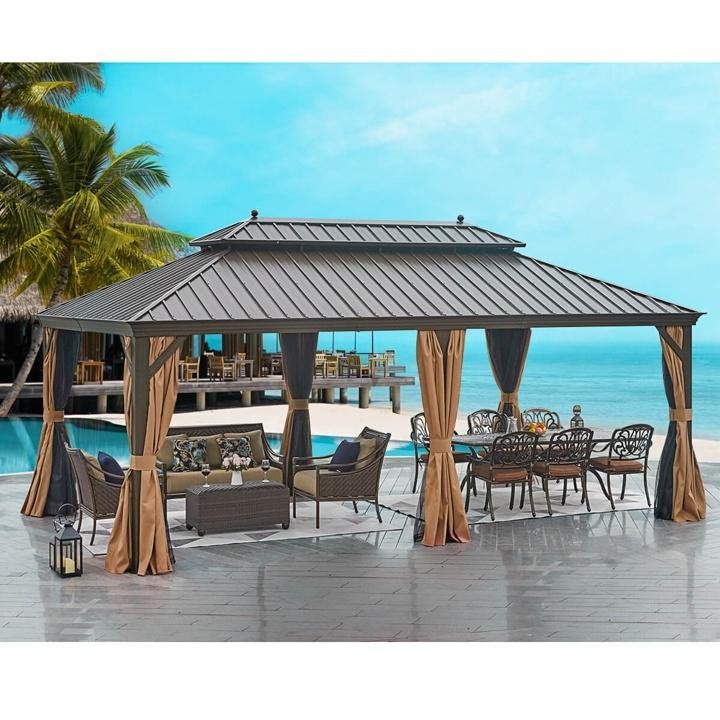 12’x20′ Galvanized Steel Hardtop Gazebo Double-Roof Pergola w/ Netting Curtain