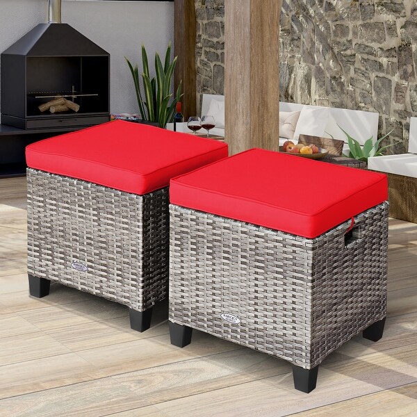 Costway 2PCS Patio Rattan Cushioned Ottoman Seat Foot Rest Table