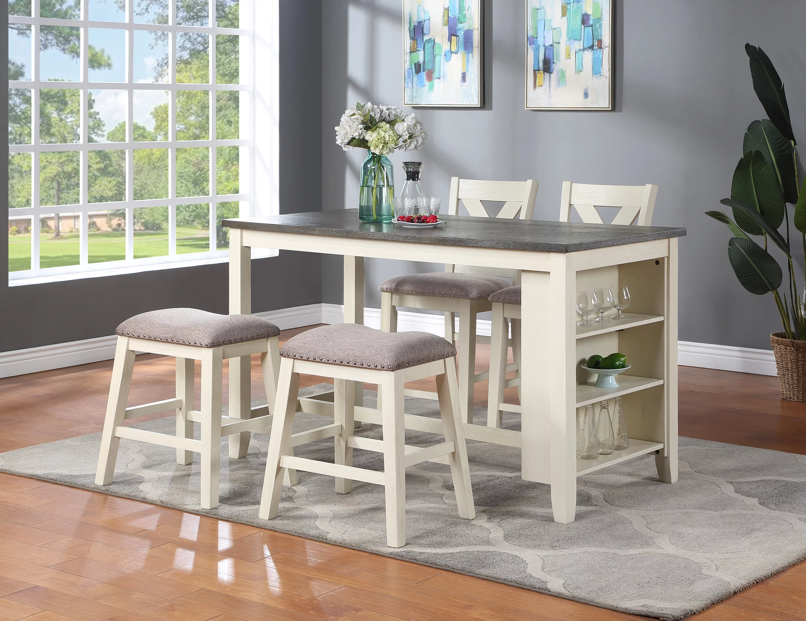 ikayaa Modern Contemporary 5pc Counter Height High Dining Table w Storage Shelves High Chairs And Stools Wooden Kitchen Breakfast Table Dining Room Furniture