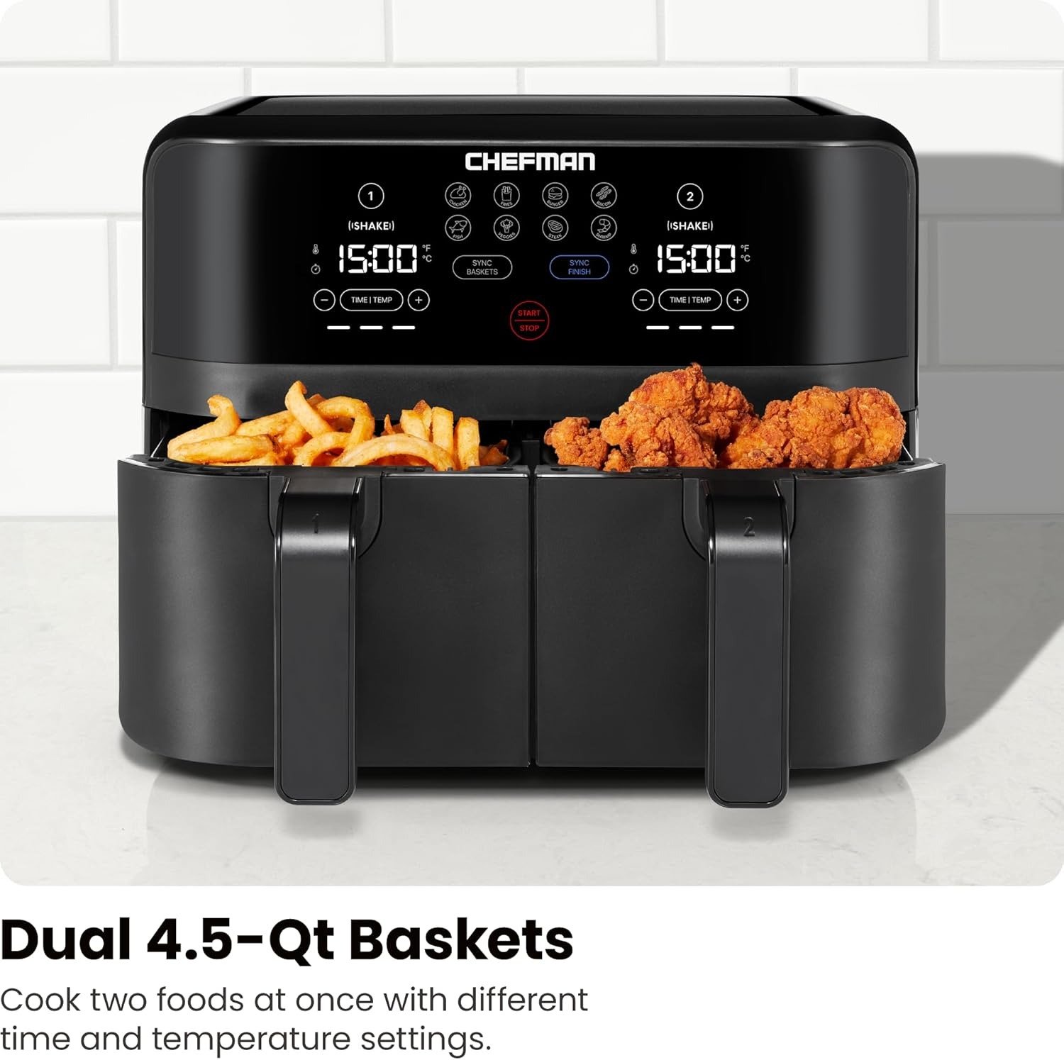 Dual Basket Air Fryer, TurboFry Touch Control, 2 Independent Zones, Space-Saving Design