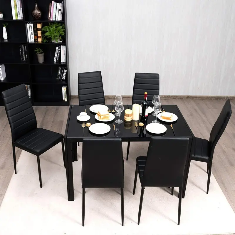 Sleek Rectangular Dining Set: Tempered Glass Tabletop + 6 Leather-Padded Chairs – Black Metal Frame