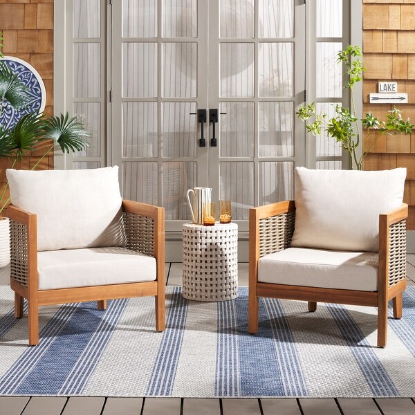 SAFAVIEH Outdoor Amanda Solid Wood Cushion Arm Chair Set of 2