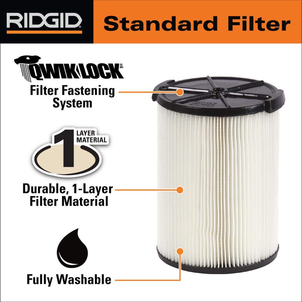 Ridgid 1-Layer Standard Pleated Paper Filter for Most 5 Gallon and Larger Wet/Dry Shop Vacuums (2-Pack) VF4200