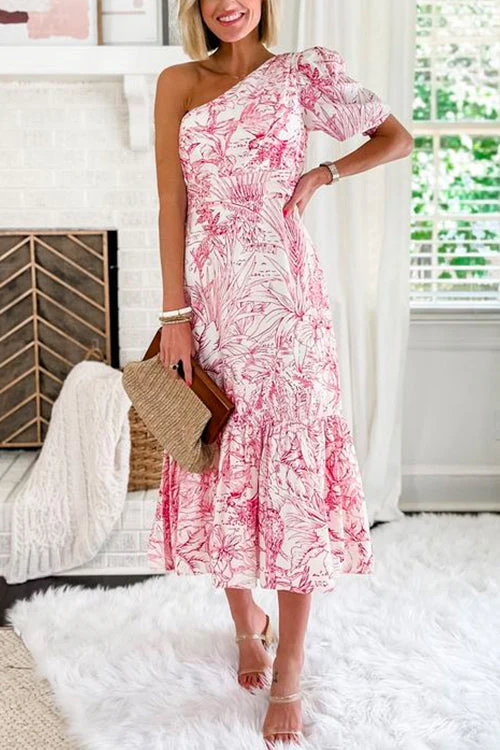 One Shoulder Ruffle Midi DressClistos