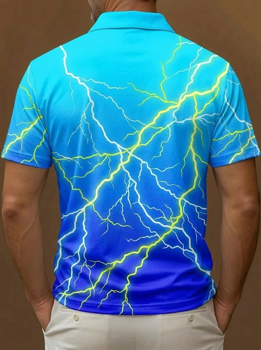 Blue Lightning Print Short Sleeve Golf Polo Shirt