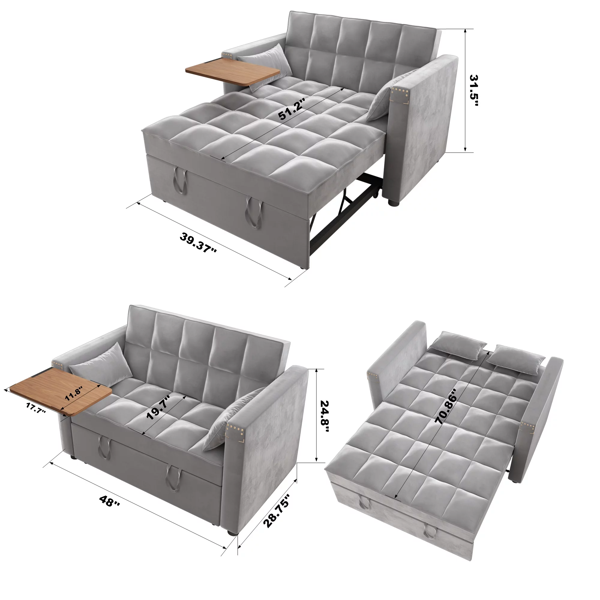 Yocwo Convertible Velvet Sleeper Sofa Bed, Modern Sleeper Sofa with Pull Out Bed and Side Coffee Table,Lounge Chaise Armchair with 2 Pillows for Home Office,Grey