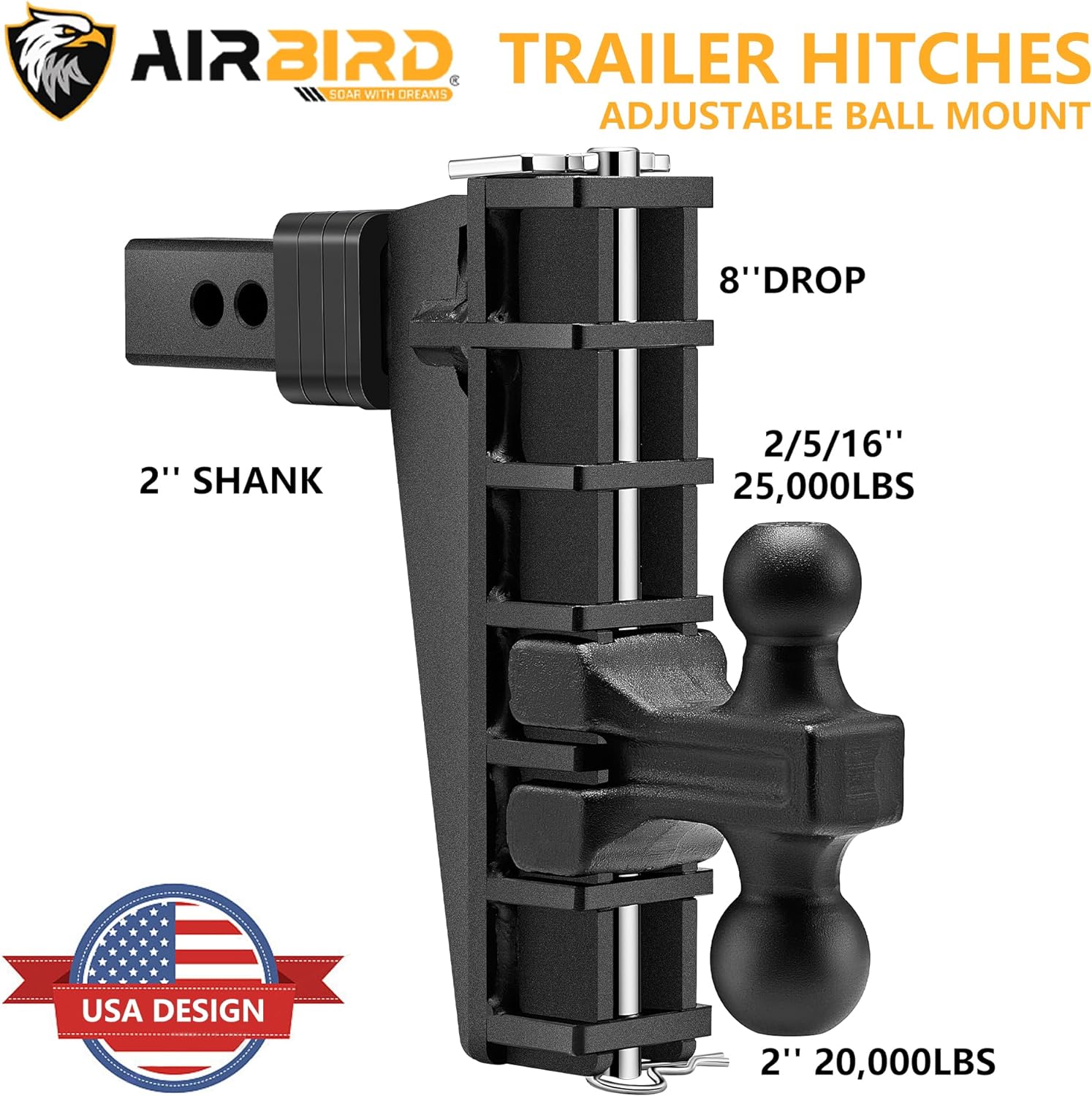 Adjustable Trailer Hitch Fits 2-Inch Receiver, Heavy Duty Tow Hitches (17000 LBS GTW) 6 Inch Drop Truck Hitch Tri-Ball Mount with Hook (1-7/8