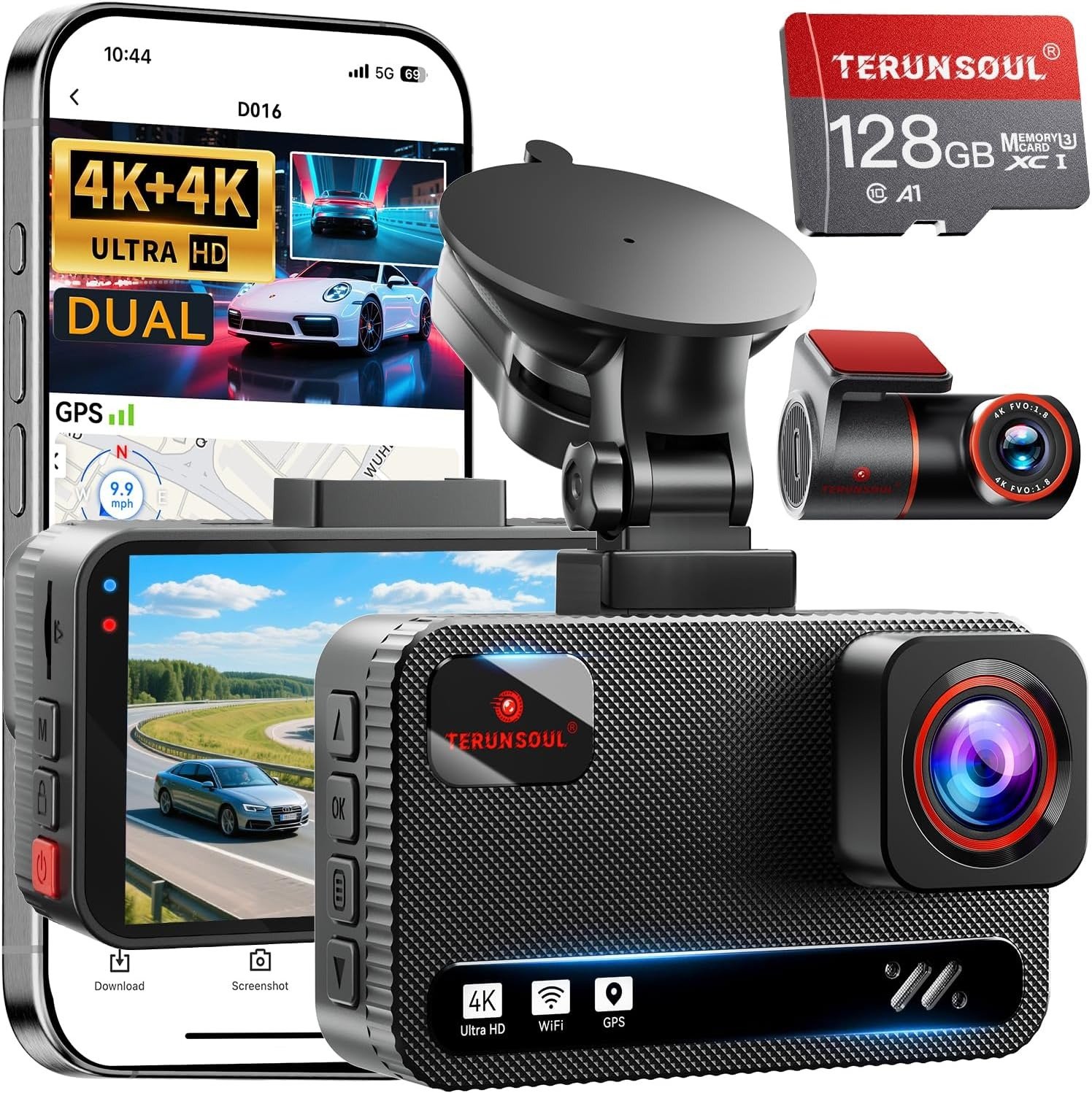 4K+4K Dash Cam Front and Rear, Free 128GB Card Included, 5.8GHz WiFi Dash Camera for Cars, Built-in GPS, G-Sensor, 170°Wide Angle, 3′′ IPS Screen, 24H Parking Mode, Support 512GB Max
