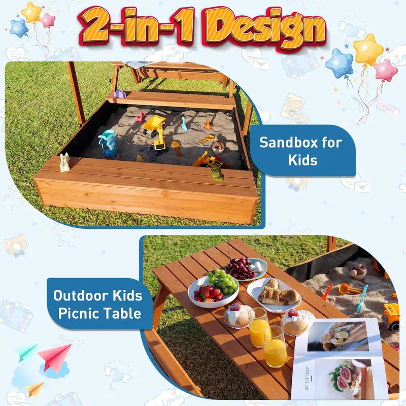 Wooden Foldable Sandbox with Lid and Integrated Picnic Table – Covered Sand Play Center