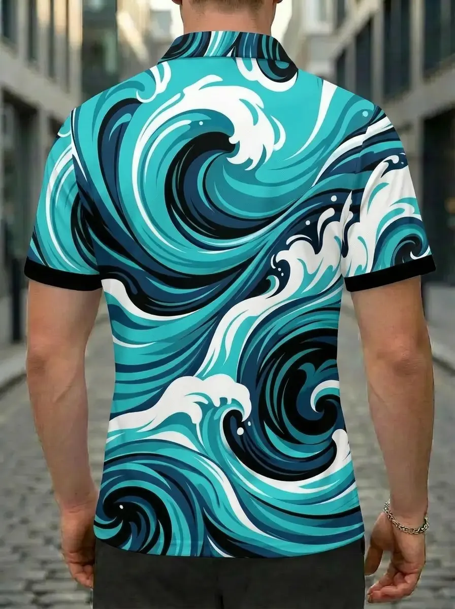 Moisture Wicking Golf Polo 3D Teal Blue White Ocean Wave Button Short Sleeve Golf Polo Shirt