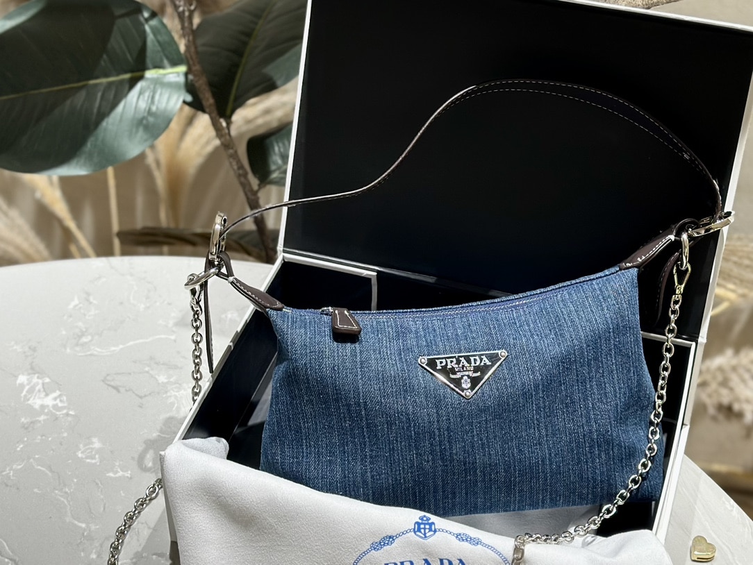 Prada Jeans Ring Shoulder Bag Denim Blue 25Cm