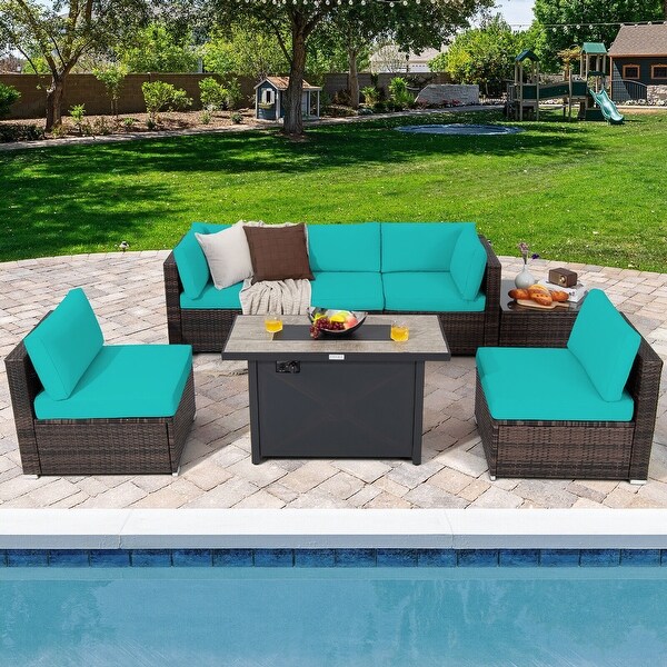Gymax 7PCS Patio Rattan Furniture Set Fire Pit Table Cover Cushion
