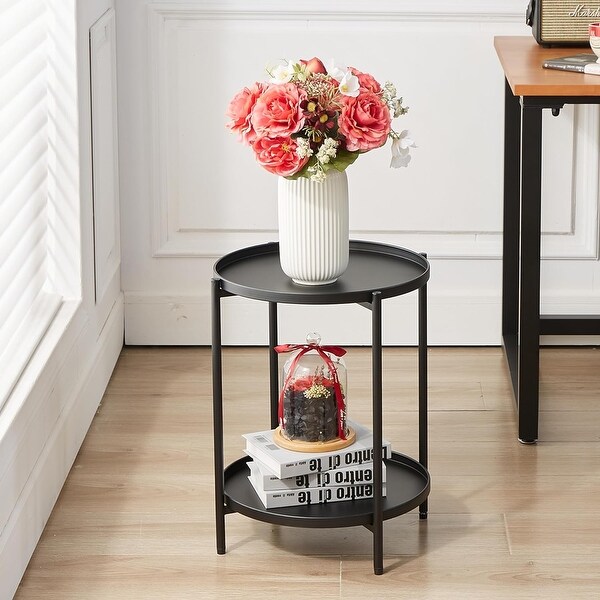 2 Tier Metal Side Table,End Table Outdoor Side Table Small Accent Table,AntiRust Green Nightstand for Bedroom Balcony Patio