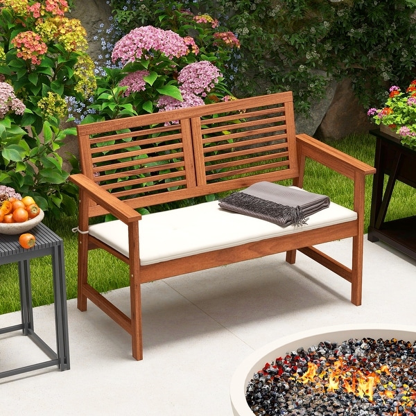2Person Solid Wood Patio Bench with Backrest and Cushion