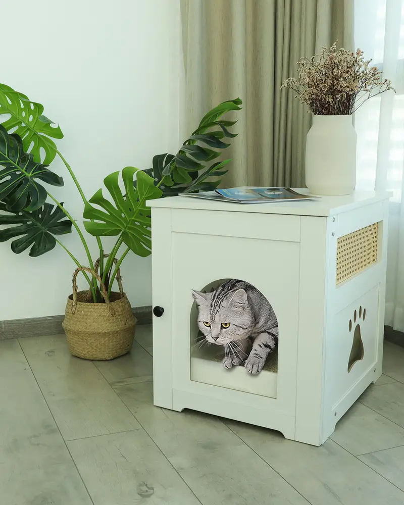 WellMall Cat Litter Box Enclosure, Cat House Side Table,Night Stand Pet House, Indoor Cat House-White