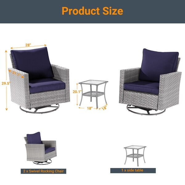 LIVOOSUN 3Piece Patio Sofa Set Gray Rattan Swivel Rocking Chair Glass Table