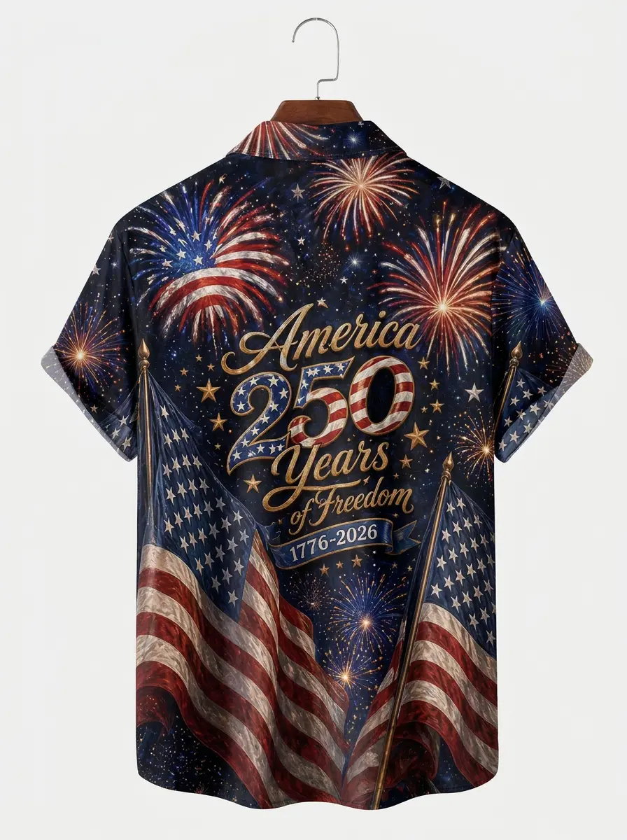 Men's printed shirts, America 250 Years of Freedom Fireworks Hawaiian Shirt