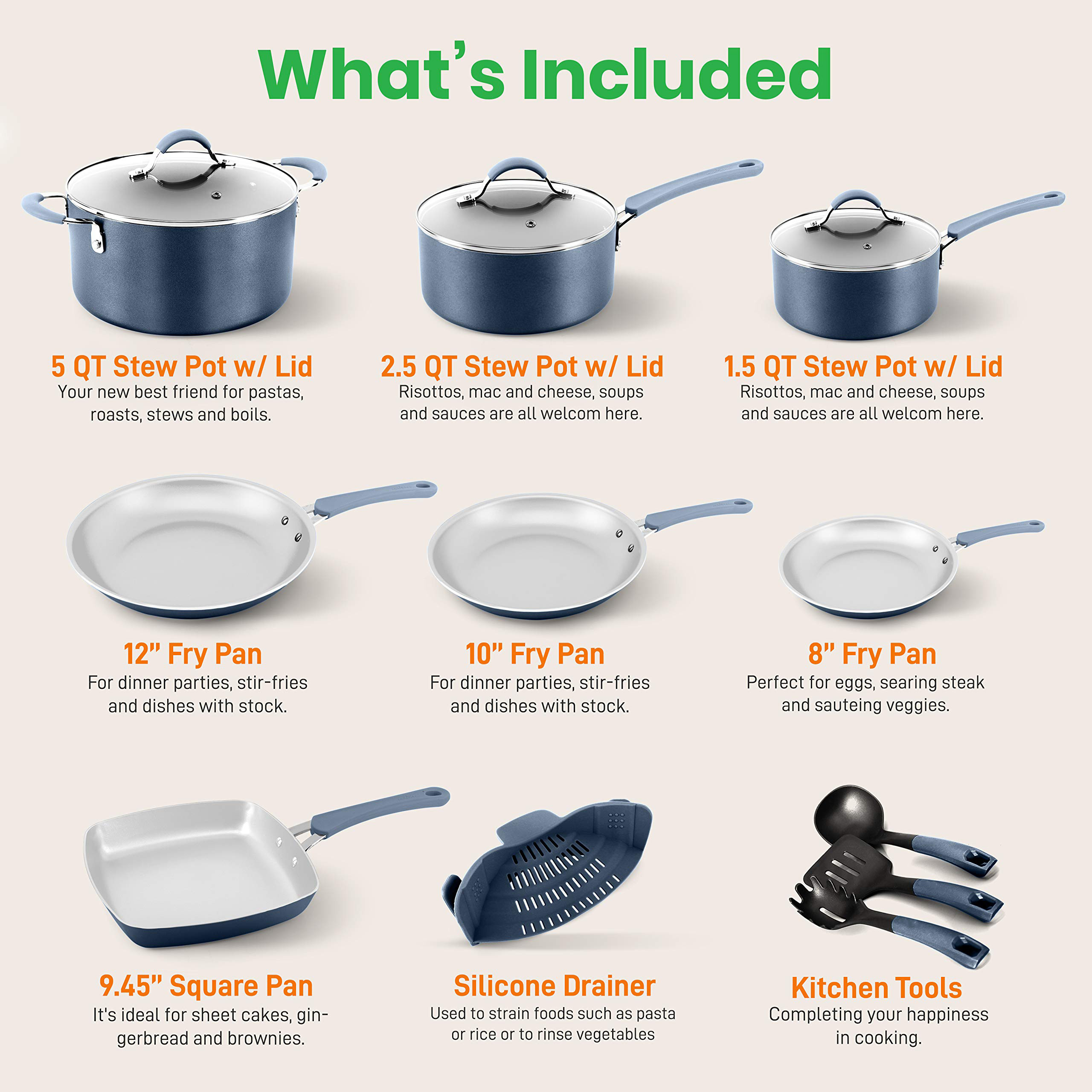 Navy 20-Piece Nonstick Cookware & Bakeware Set with Utensils C PTFE/PFOA/PFOS-Free, Induction Ready