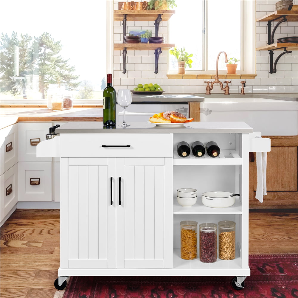 Topeakmart Kitchen Cart with Stainless Steel Top and Storage Kitchen Island on Wheels with Drawer and Cabinet and Open Shelves and Wine Rack and Spice Rack, White