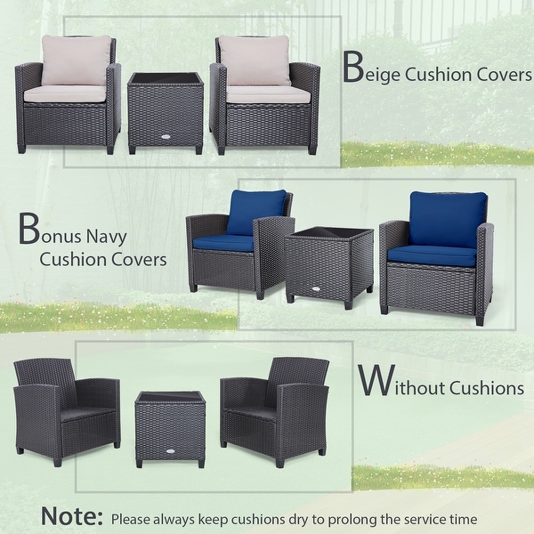 3 Pieces Rattan Patio Furniture Set with Washable Cushion