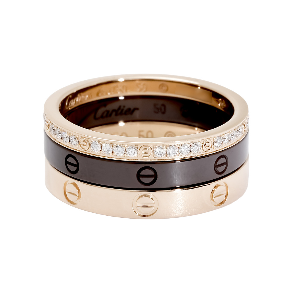 Cartier Love Three Soup Ring 18K Rose Gold & Ceramic Diamond B4097900