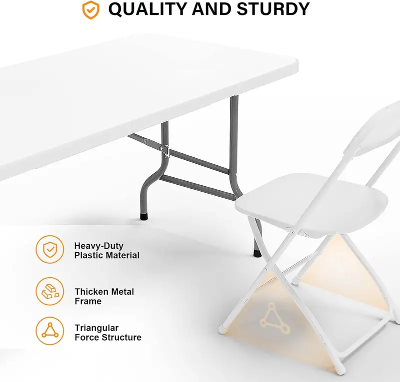 VINGLI 6-Foot Foldable Plastic Table Set – Includes 8 Lightweight White Folding Chairs