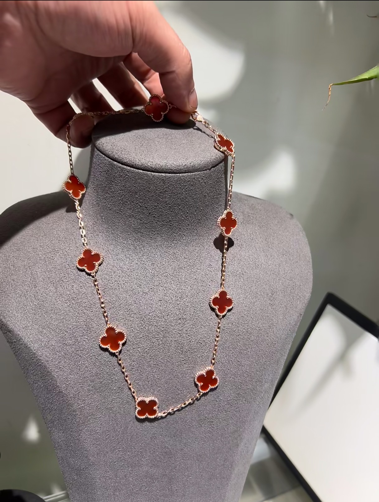 Rose gold 10 flower red agate four-leaf clover necklace - cnluxepick