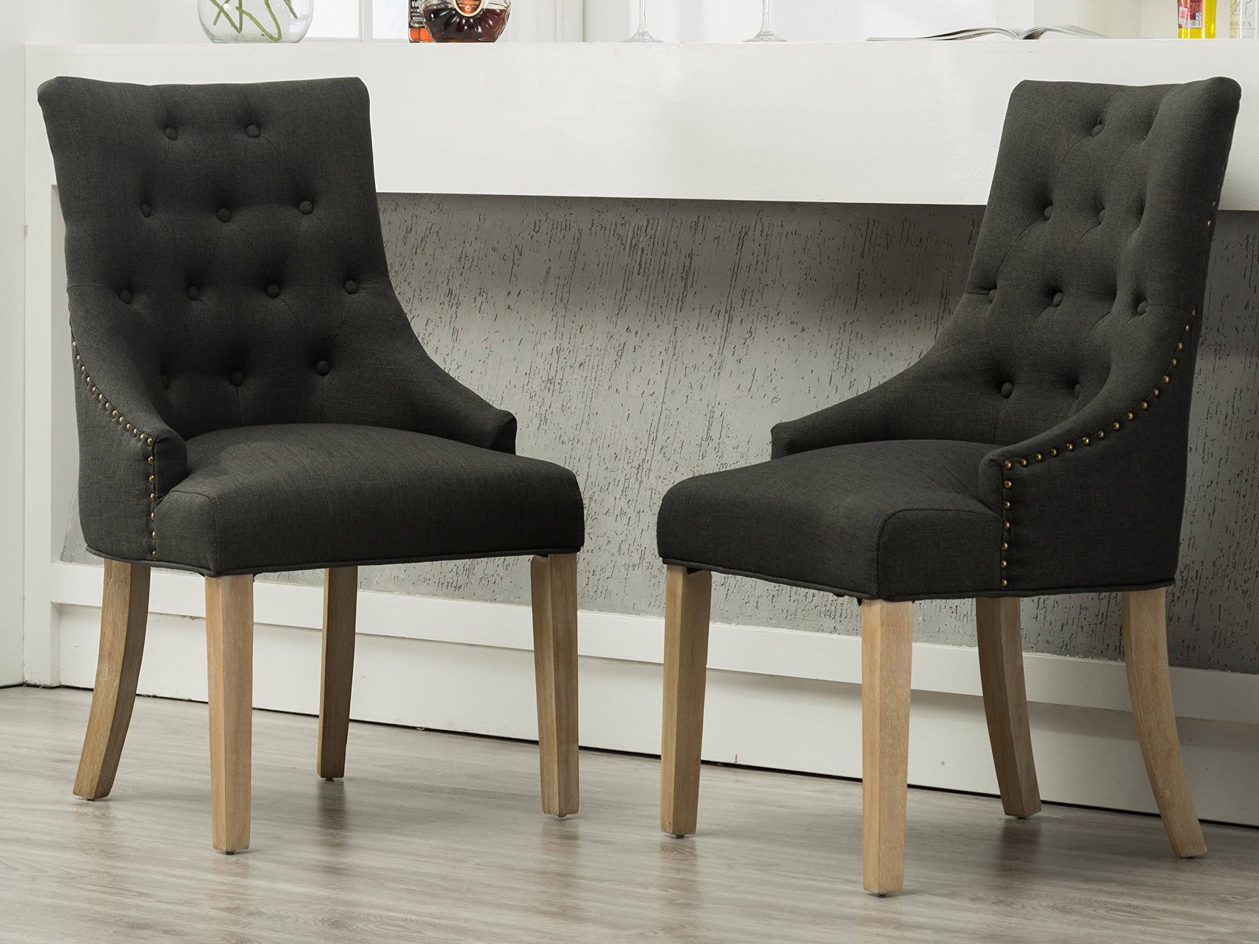 Roundhill Furniture Button Tufted Solid Wood Wingback Hostess Chairs with Nail Heads, Set of 2, Charcoal