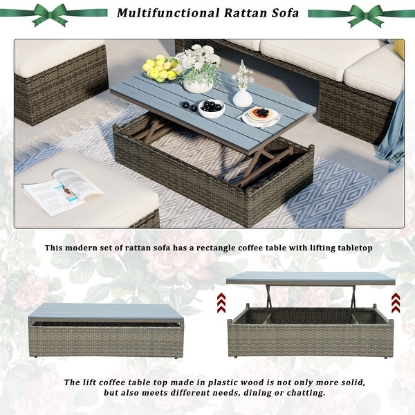 5Piece Patio Wicker Sofa Sets with Lift Top Coffee Table