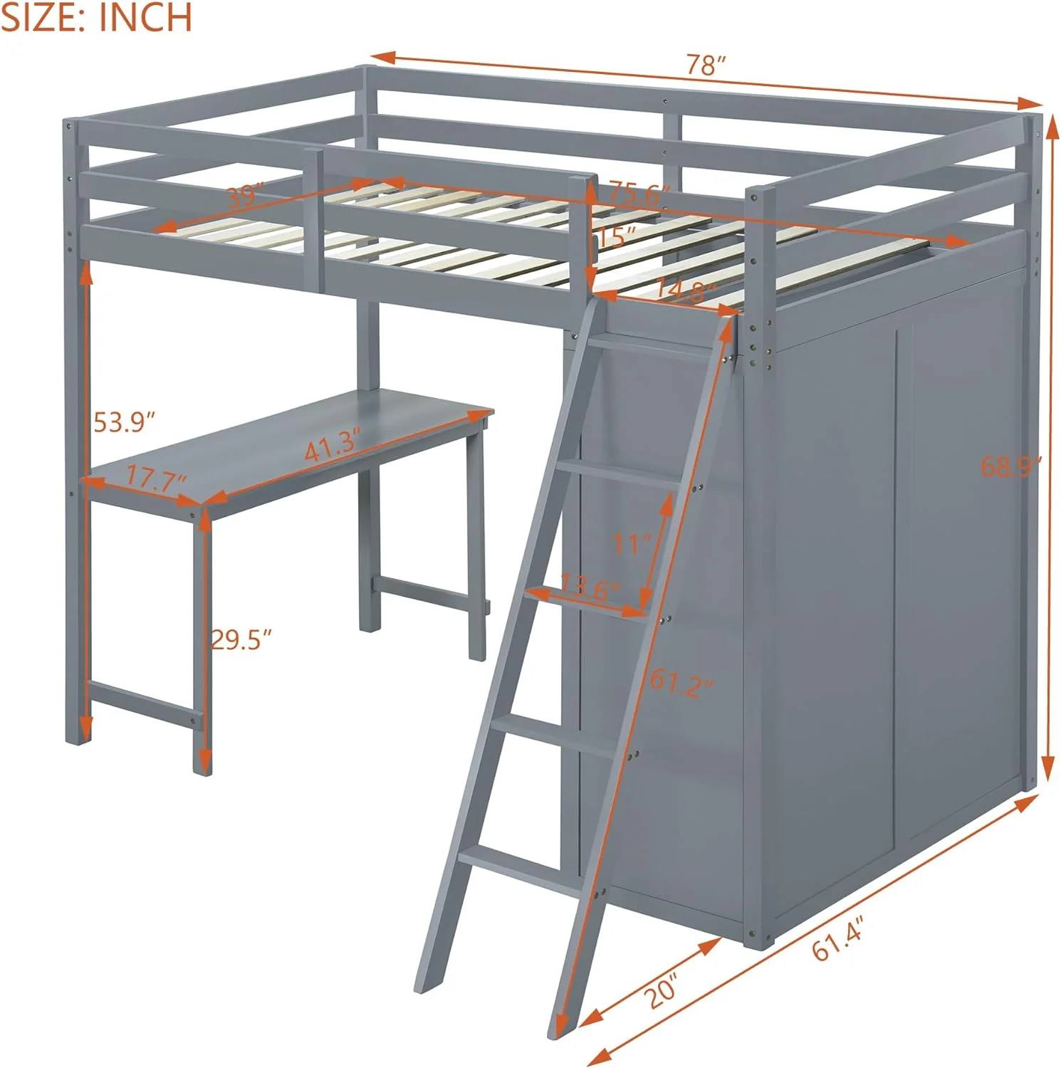 Size Lof Bed Wih Wardrobe Ad Desk, Wood Lof Bed Wih Guardrail Ad Agle Ladder, High Lof Bed Frame For ees, Aduls, o Box Sprig eeded (Gray)