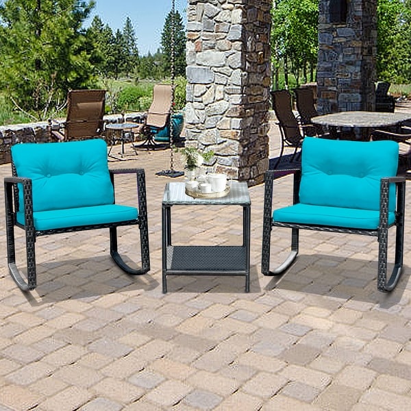 Gymax 3PCS Rattan Rocking Chair Table Set Patio Furniture Set w/ Blue