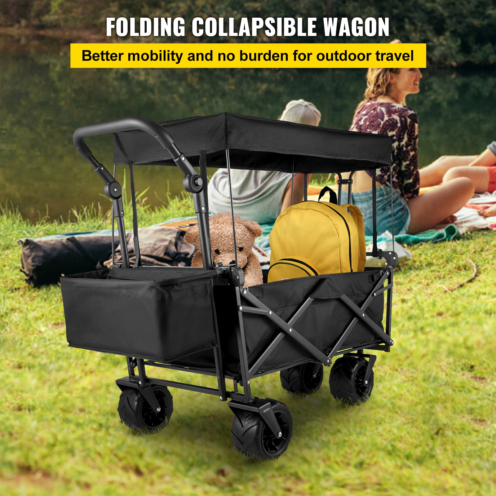 VEVORbrand Collapsible Wagon Cart Black， Foldable Wagon Cart Removable Canopy 602D Oxford Cloth， Collapsible Wagon Oversized Wheels， Portable Folding Wagon Adjustable Handles， Beach， Garden， Sports