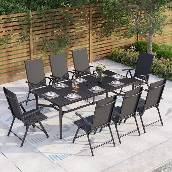 9Piece Patio Dining Set,Metal Table and Foldable Sling Dining Chairs with 7 Levels Adjustable