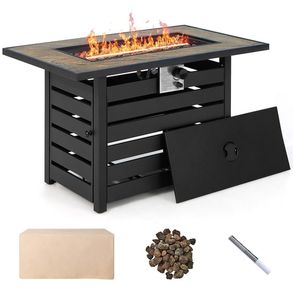 Gymax 7PCS Patio Rattan Furniture Set 42'' Fire Pit Table w/ Cover