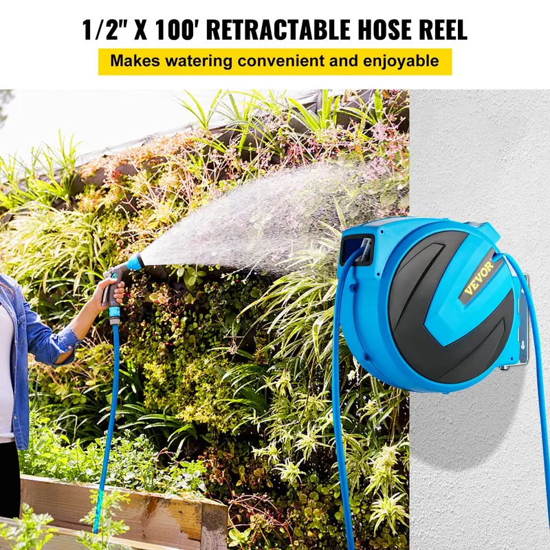 VEVOR Retractable Hose Reel – 1/2 Inch x 100 ft Automatic Rewind Water Hose with Any Length Lock