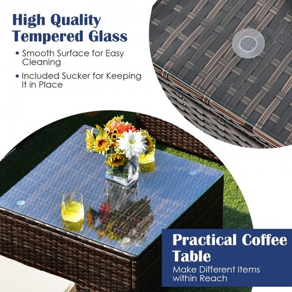 6 Pieces Patio Rattan Furniture Set with Cushions and Glass Coffee Table