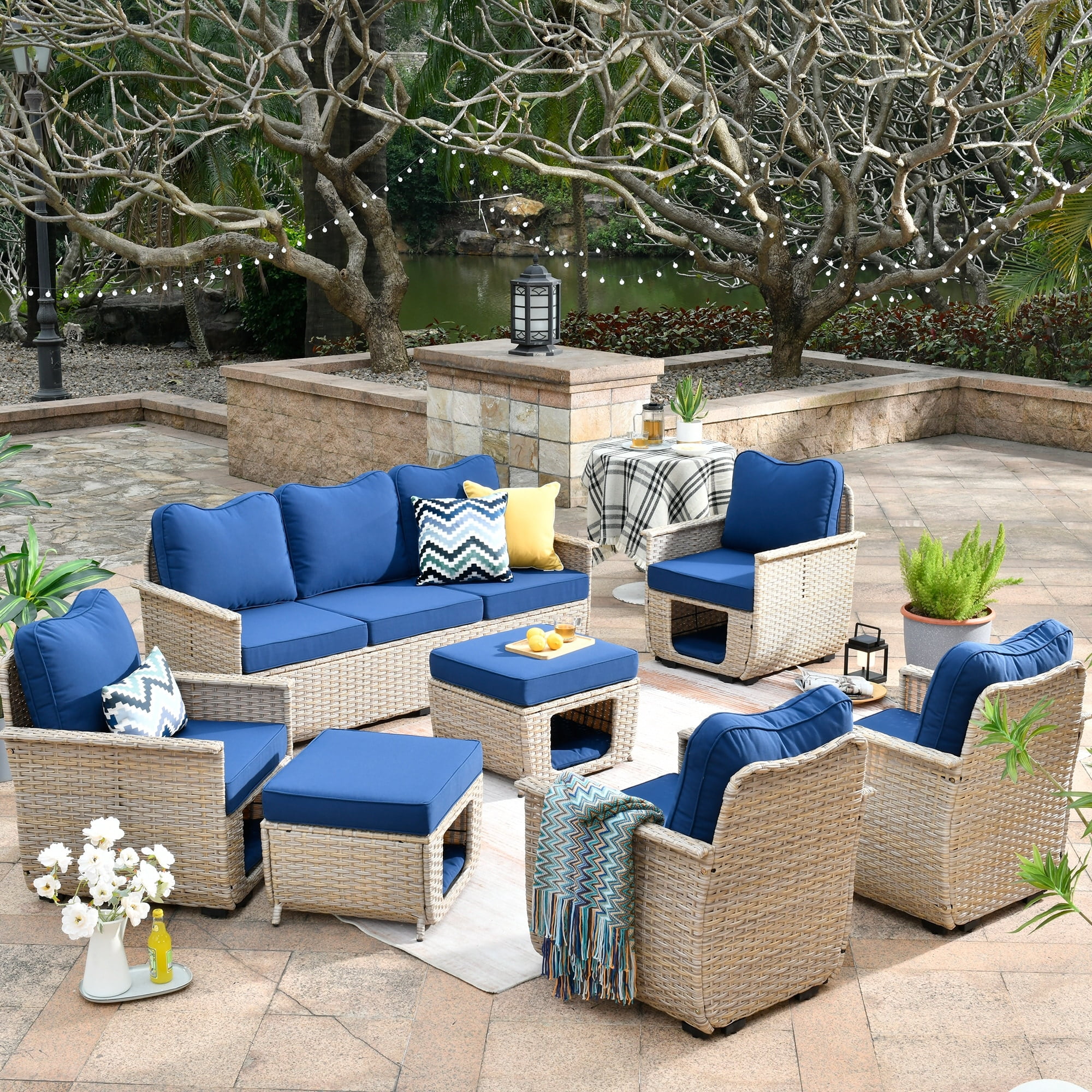 OVIOS  7-piece Patio Pet-Friendly Wicker Multi-function Furniture Green