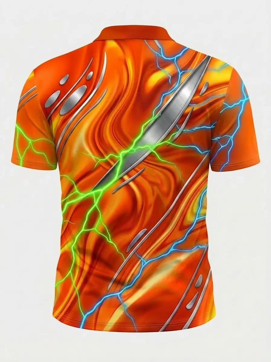 Moisture Wicking Golf Polo 3D Orange Green Blue Lightning Button Short Sleeve Golf Polo Shirt
