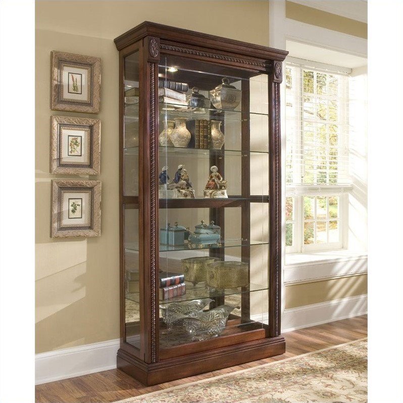 Home Fare Lighted Sliding Door 5 Shelf Curio Cabinet in Cherry Brown