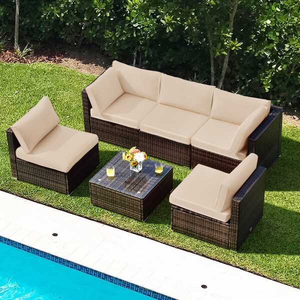6 Pieces Patio Rattan Furniture Set with Cushions and Glass Coffee Table