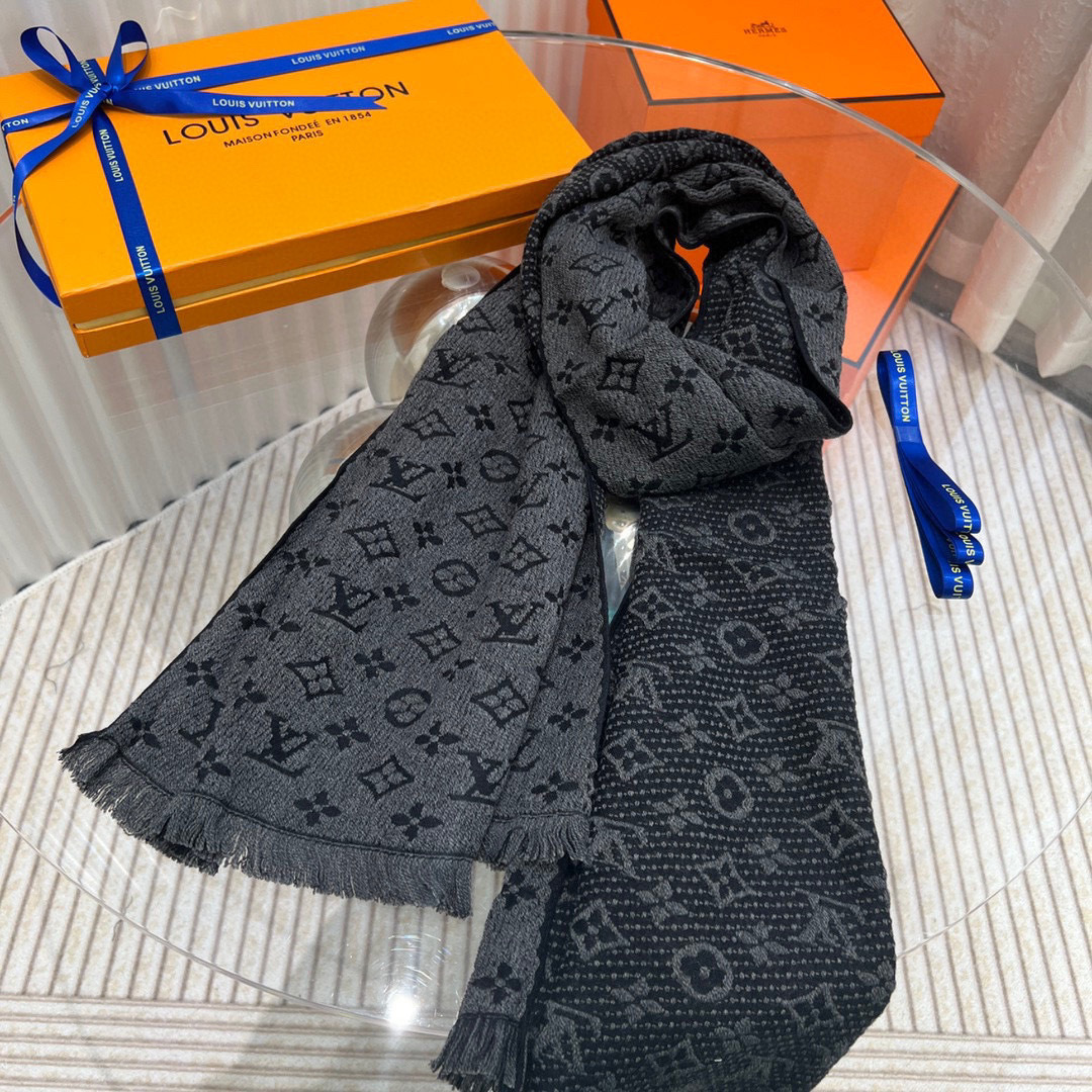 Louis Vuitton Monogram Jacquard Scarf Grey For Women 180cm